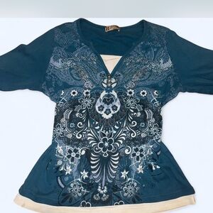 Chico's Teal and Cream Floral Long Sleeve Top
